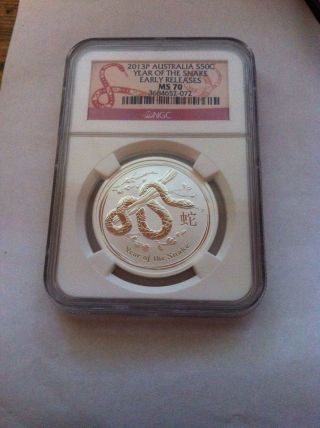 2013 Australia Silver Lunar ' Year Of The Snake ' (1/2 Oz) 50c - Ngc Ms70 photo