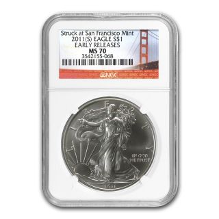 2011 (s) Silver American Eagle Coin - Ms - 70 Er Ngc - Golden Gate Label photo