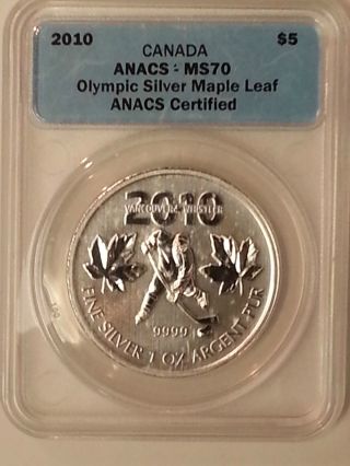 2010 Anacs $5 Ms70 Canada - Olympic Silver Maple Leaf Coin photo