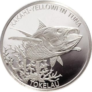 1 Oz Silver - 2014 Tokelau Silver Kakahi Yellowfin Tuna - - - - -.  999finesilver photo