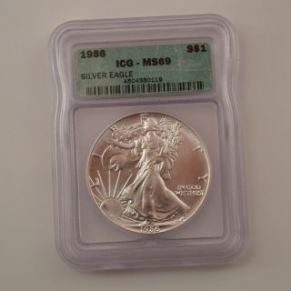 1986 - P $1 American Silver Eagle Icg Ms - 69 /q6469 photo
