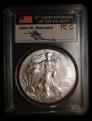 2014 Pcgs Ms70 American Silver Eagle 1 Oz Silver Dollar John Mercanti Signed Nr photo