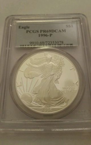 1996 - P American Silver Eagle Dollar Pr69dcam Pcgs Proof 69 Deep Cameo photo