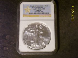 2012 W American Silver Eagle Ngc Ms 70 West Piont Perfect Grade Early Release photo