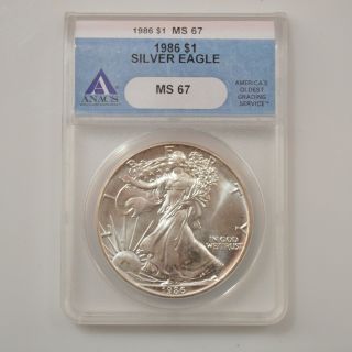1986 - P $1 American Silver Eagle Anacs Ms - 67 /q6433 photo