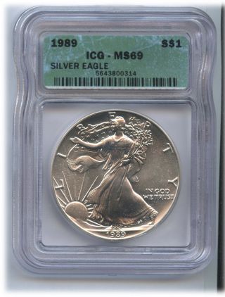1989 Us $1 Silver Eagle Icg Ms 69 Bright photo