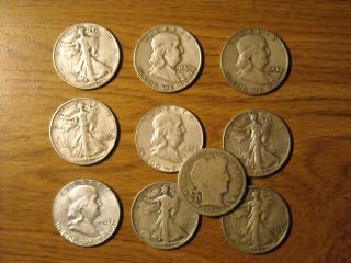 10 Different Us Silver Half Dollars - Walking Liberty,  Franklin And Barber photo
