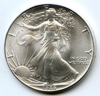 1986 American Silver Eagle Uncirculated - One Oz.  Silver.  999 Fine - Us photo