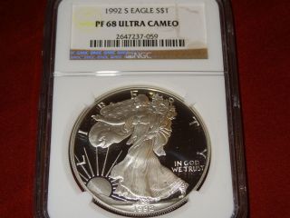 1992 S Proof Silver American Eagle Graded Pf 68 Ultra Cameo By Ngc photo