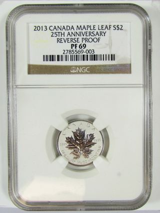 2013 Canada $2 25th Anniversary Reverse Proof Maple Leaf 1/10oz Silver Coin Pf69 photo