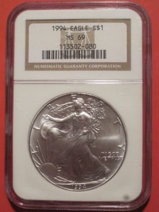 1994 1 Oz.  American Silver Eagle Ms69 Ngc Graded (1994 015) photo