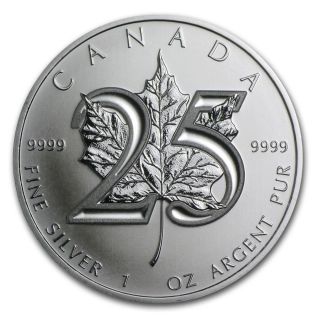 1 Oz 0.  9999 2013 25th Anniversary Canadian Maple Leaf Silver Coin Bullion photo