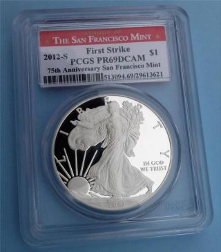 2012 S Pcgs Proof 69 Deep Cameo First Strike Silver Eagle Red 75th Anniv.  Label photo