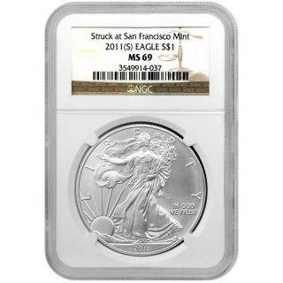 2011 Silver American Eagle Ms69 Struck At San Francisco Ngc Brown Label (a - 2) photo
