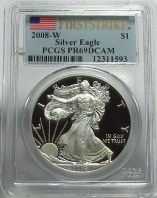 2008 - W Silver Eagle Proof First Strike Pcgs Pr69 Dcam 1 Oz.  Bullion Coin photo