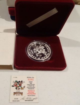1987 Walt Disney Mickey ' S Holiday Treasures 5 Troy Oz.  999 Fine Silver & Box photo