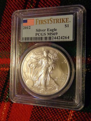 2012 S American Silver Eagle First Strike Pcgs Ms69.  999 Silver Dollar photo