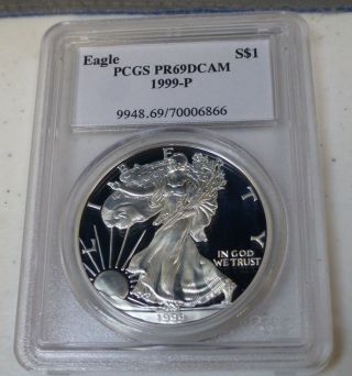 1999 - P American Silver Eagle Pr 69 Dcam S$1 Proof Coin - Pcgs Certified photo