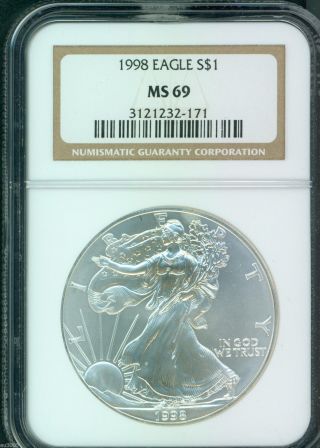 1998 American Silver Eagle S$1 Ase Ngc Ms69 Ms - 69 Premium Quality Pq, photo