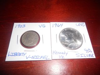 1964 - P Kennedy 90 Silver Unc Half Dollar&1903 - P Liberty V - Nickel - 1day - 90 Silver photo