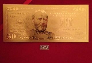 24k Gold Banknote $50 Bill.  999 Pure Silver Merry Christmas 2014 Bar photo