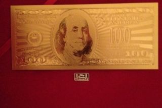 Pure 24k Gold $100 Bill Bank Note W/ 1 Gram.  999 Silver Merry Christmas 2014 photo