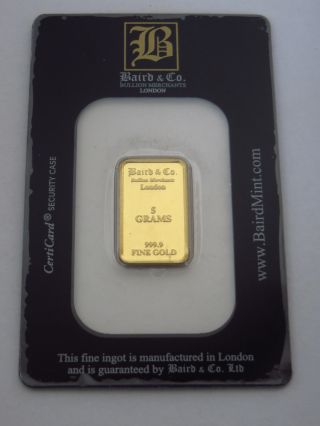 Baird London England Gold 5 Gram Bar 999.  9 Fine In Assay Card photo