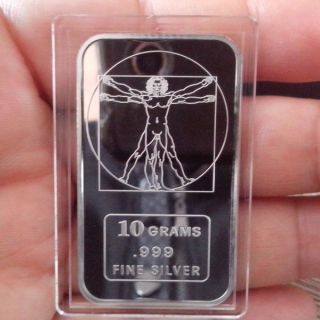 10 Grams.  999 Fine Silver Bar / The Vitruvian Man Sb0102 photo