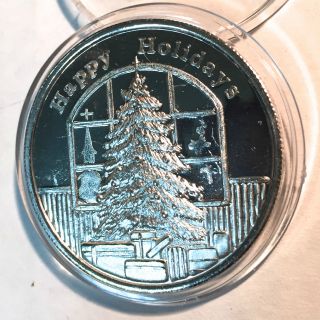1 Oz.  999 Silver Happy Holidays Christmas Tree Proof High Relief Round photo