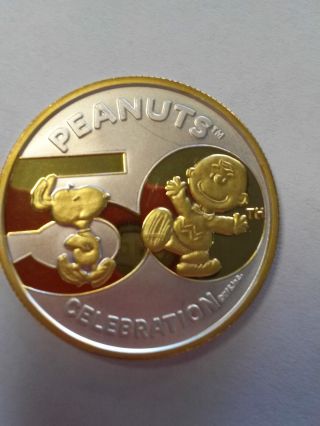 Peanuts Snoopy Charlie Brown 50th Celebration Silver Coin Round,  Gold Overlay photo