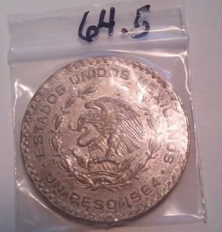One Very Circulated Mexican Silver Peso Coin 1964 photo