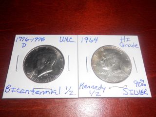 1964 - P Kennedy 90 Silver Half Dollar&1776 - 1976 - D Bicentennial Unc Half Dollar photo