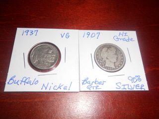 1907 - P Barber 90 Silver Quarter &1937 - P Buffalo/indin Nickel - 1day - 90 Silver photo