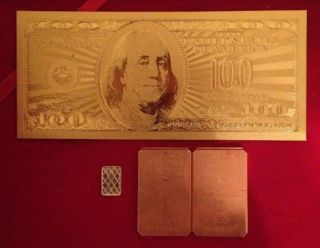Pure 24k Gold $100 Bill Bank Note 1 Gram.  999 Silver 2x1 Oz Copper Cracker Bar photo