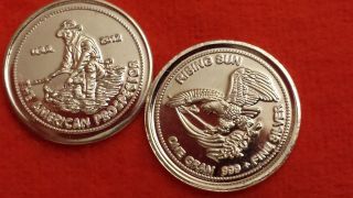 1 X 1 Gram.  999 Fine Silver Round - American Prospector - Rising Eagle W/ Flag photo