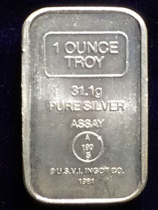 Usvi Ingot Co,  A - Mark Commercial Bar,  1981 1 Troy Oz.  999 Fine Silver Art Bar photo