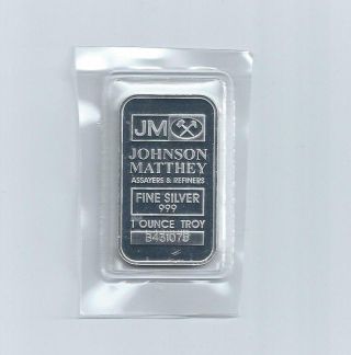 Johnson Matthey - Jm 1 Troy Ounce.  999 Fine Silver Bar - Uncirculated photo