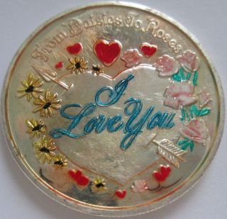 Daisies To Roses I Love You.  999 Enameled Solid Silver Round photo