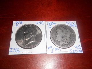 1886 - O Morgan 90 Silver Key Date Dollar &1978 - D Eisenhower Unc Dollar - Key Date photo