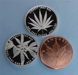1oz Silver Marijuana Leaf & Indica Round & 1oz Copper Cannabis Round (3 Total) photo