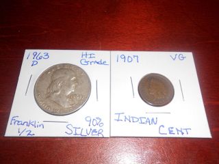 1963 - D Franklin 90 Silver Half Dollar &1907 Indian Penny - 1day - 90 Silver photo