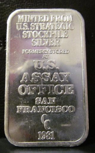 1oz Us Office Assay.  999 Fine Silver Bar 1981 photo