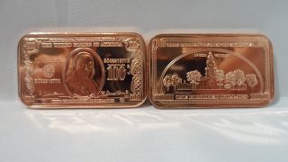 1 Oz $100 Ben Franklin Bank Note Ingot.  999 Fine Copper Bullion Art Bar F/s photo