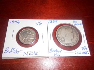 1897 - P Barber 90 Silver Half Dollar& 1936 - P Buffalo Nickel - 1 Day - 90 Silver photo