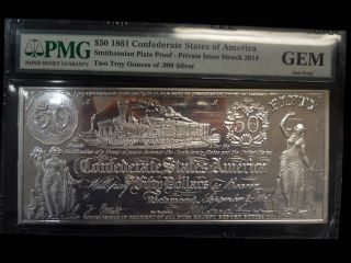 1861 Confederate States Of America $50 2oz.  999 Fine Silver Art Bar/plate photo
