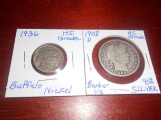 1908 - D Barber 90 Silver Half Dollar& 1936 - P Buffalo Nickel - 1 Day - 90 Silver photo