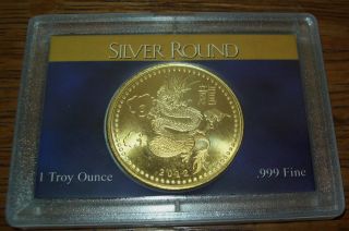 2012 Lunar Dragon 24k Gold Plate Silver 1 Troy Oz.  999 Fine Round One Ounce photo
