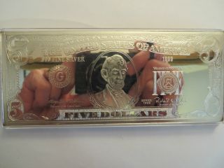 4 Oz Silver Art Bar, .  999 Fine,  Looks Like A $5 Note,  Acrylic Holder photo
