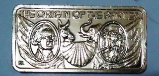 1974 The Origin Of The Parties 1 Troy Oz.  999 Fine Silver Art Bar Serial 1008 photo
