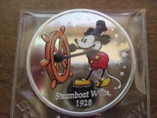 Walt Disney Mickey Mouse 1 Oz Silver Round Steamboat Willie 1928 photo